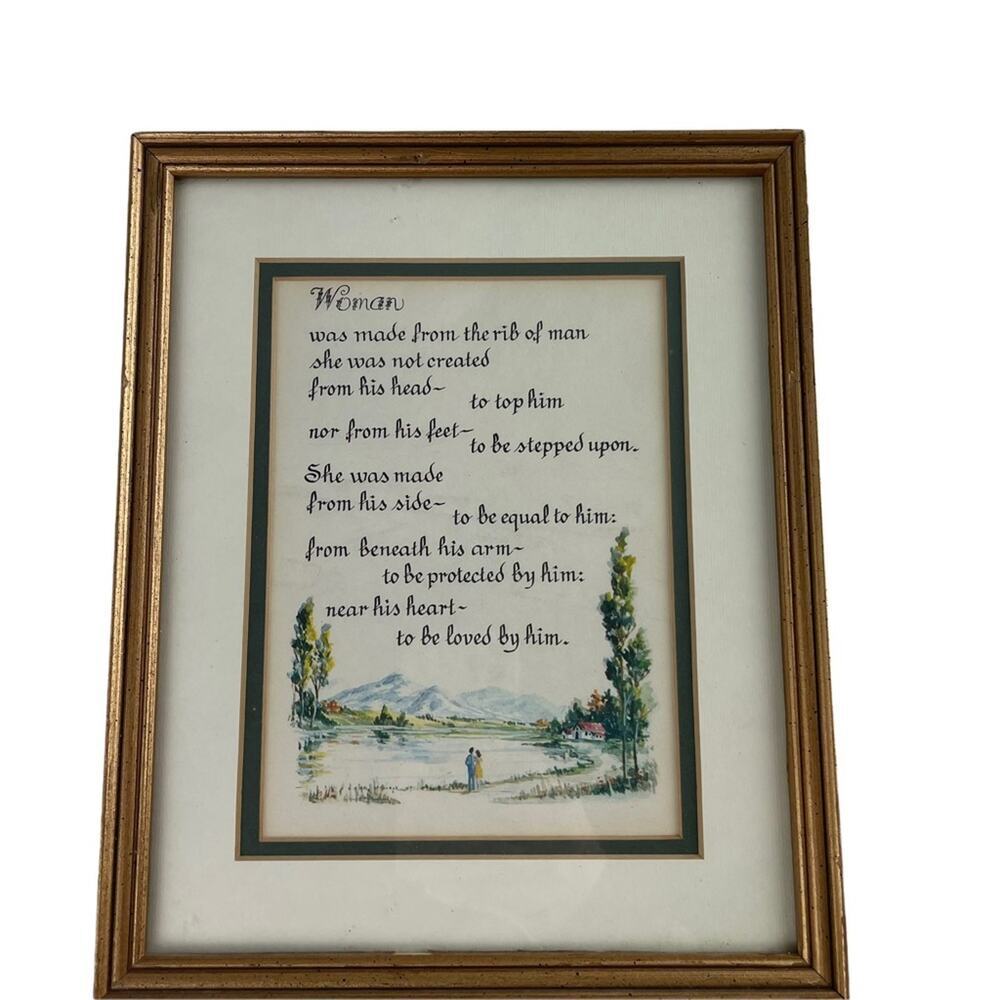 Vintage cottagecore outdoors scene woman poem gold frame